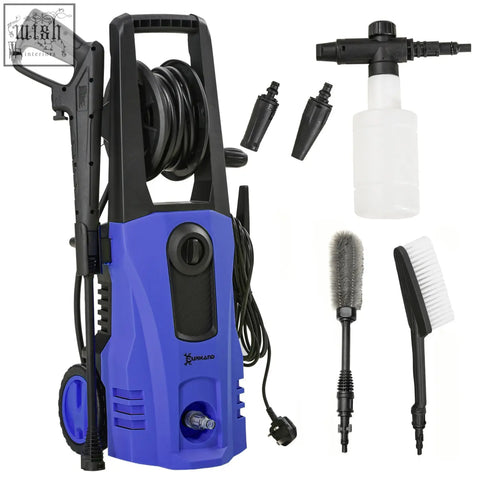 Blue and black durhand 1800w pressure washer with 150 bar pressure spray gun coiled hose and power cord