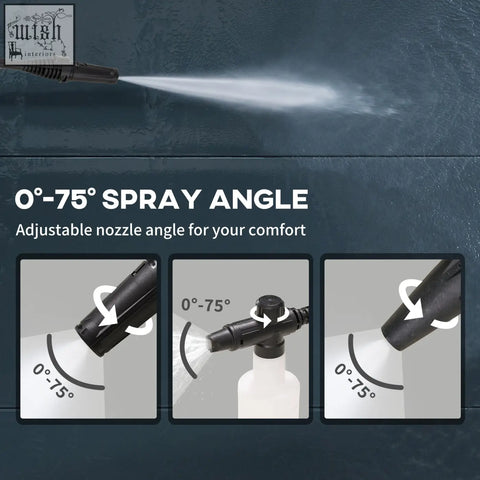 Black adjustable spray nozzle with 0 to 75 degree angle for versatile cleaning on durhand 150 bar pressure power cord spray gun