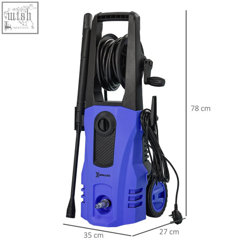 Blue and black durhand portable pressure washer with 150 bar pressure spray gun coiled hose handle and power cord