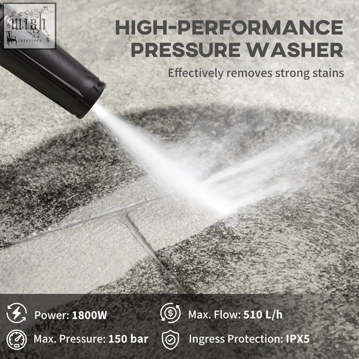 Black high-performance pressure washer nozzle spraying powerful water stream with 150 bar pressure for tough stain removal