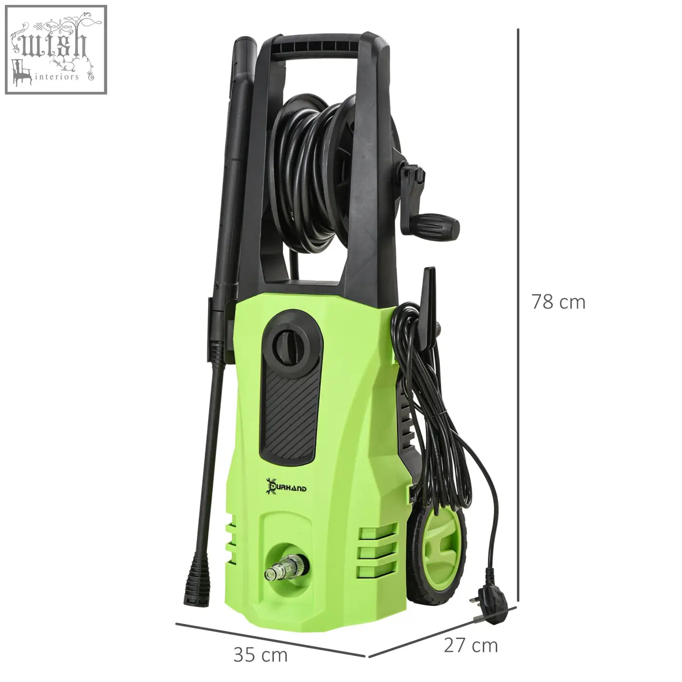 Green and black durhand 1800w pressure washer with 150 bar pressure, spray gun wand, coiled hose, and power cord