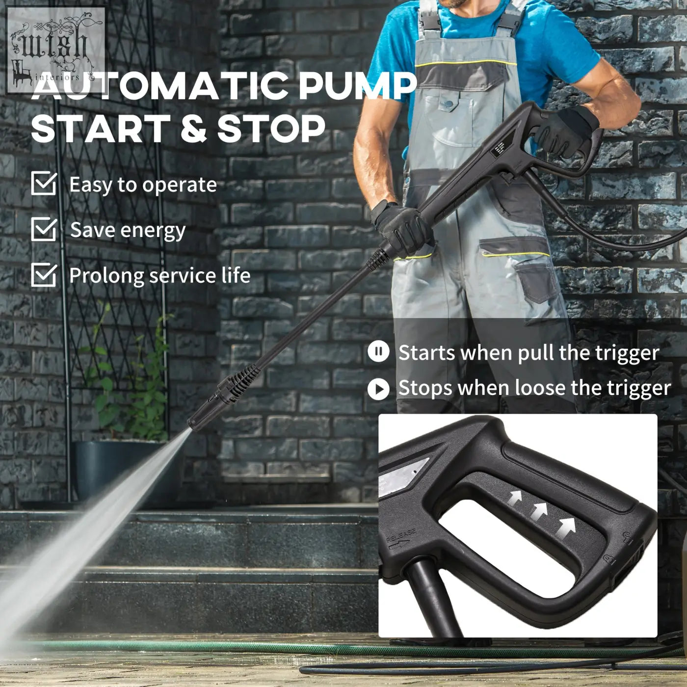 Black automatic pump pressure washer nozzle with ergonomic grip and trigger for durhand 150 bar pressure spray gun