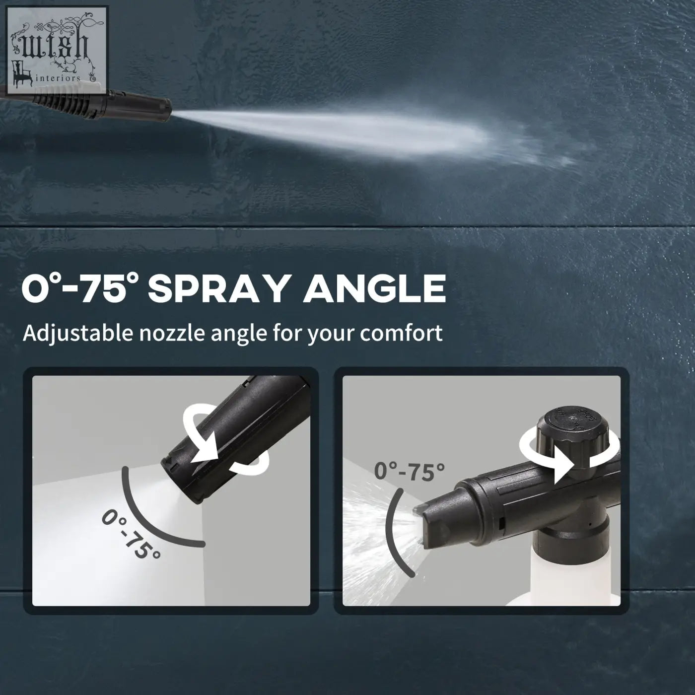 Black adjustable spray nozzle with 0 to 75 degree angle for versatile cleaning on durhand pressure washer with 150 bar pressure