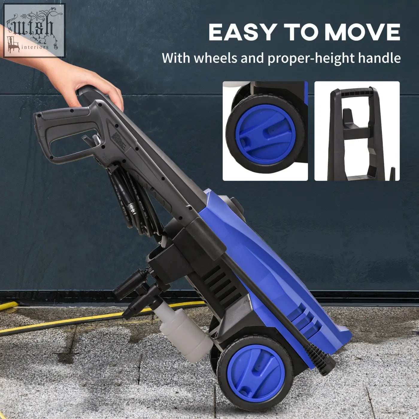 Blue and black durhand portable pressure washer with 150 bar pressure wheels handle and power cord for easy use