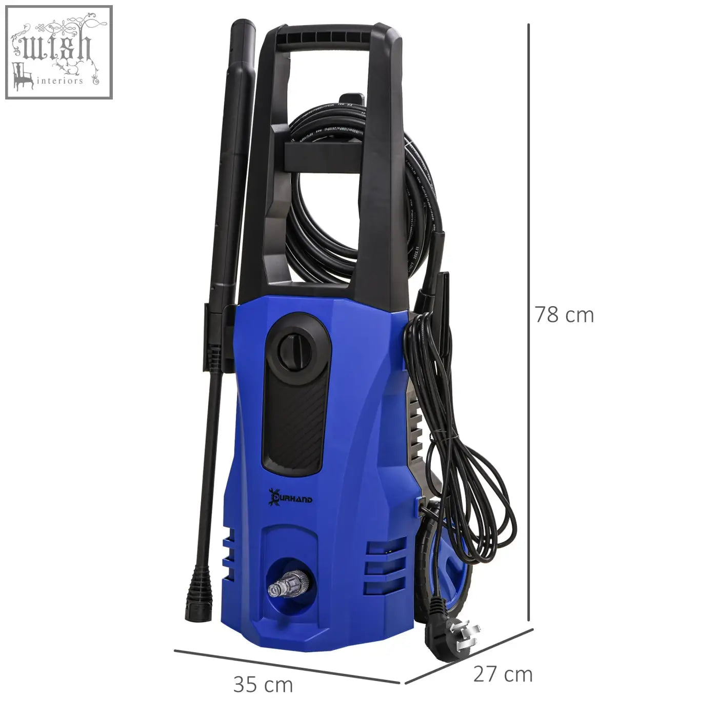 Durhand pressure washer in blue and black with 150 bar pressure, coiled hose, handle, nozzle, and power cord