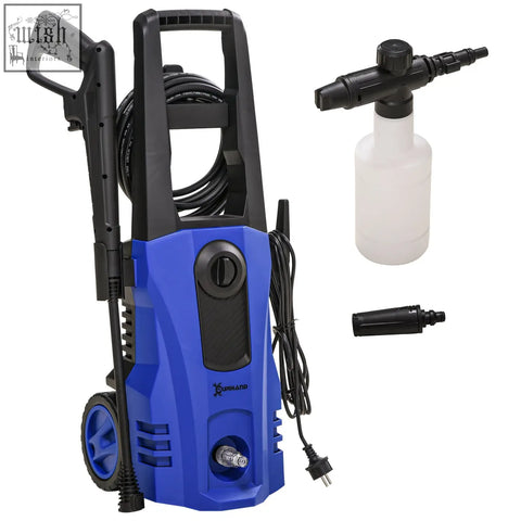 Blue and black durhand portable pressure washer with 150 bar pressure and power cord featuring foam gun and coiled hose