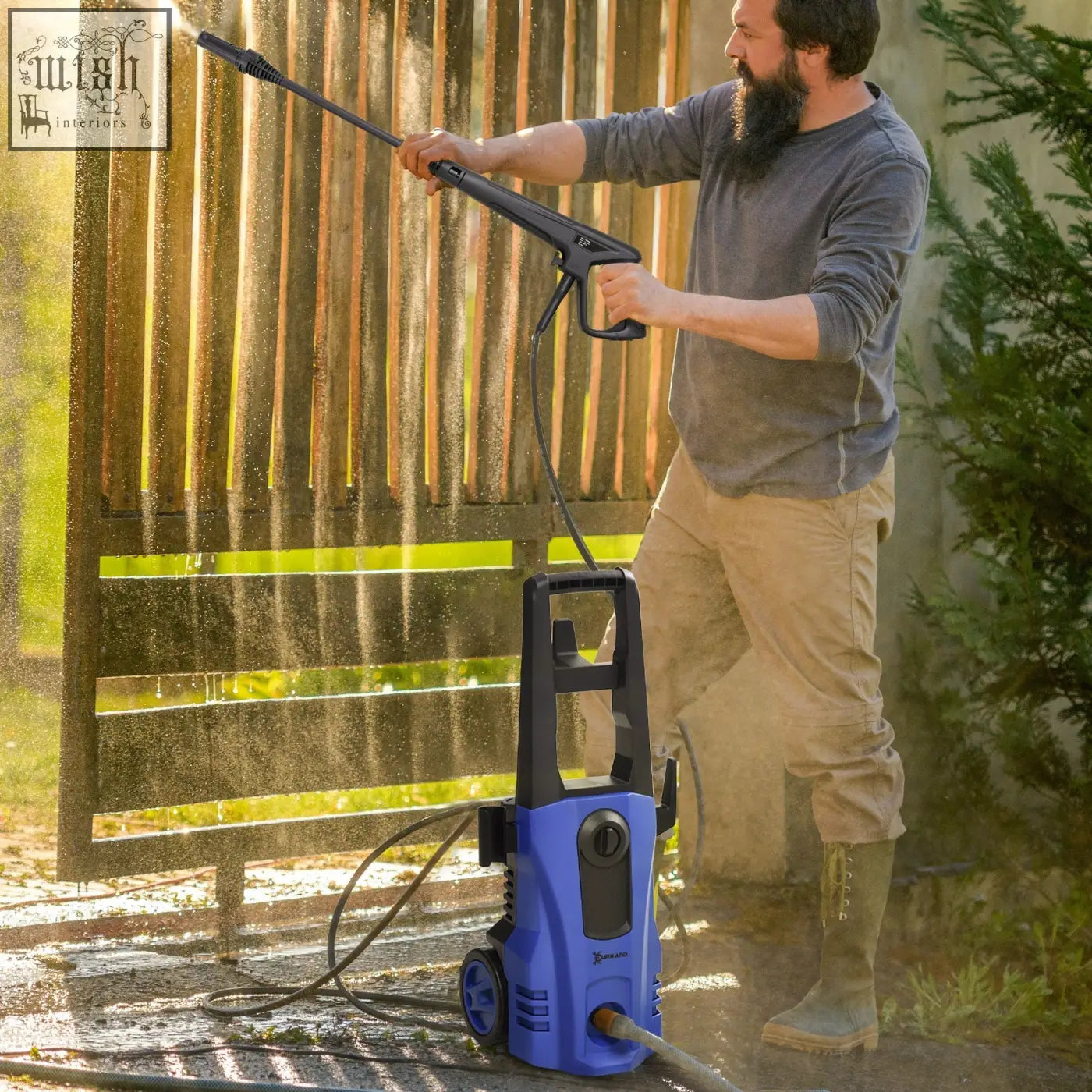 Blue and black durhand portable pressure washer with 150 bar pressure and long spray nozzle for power washing