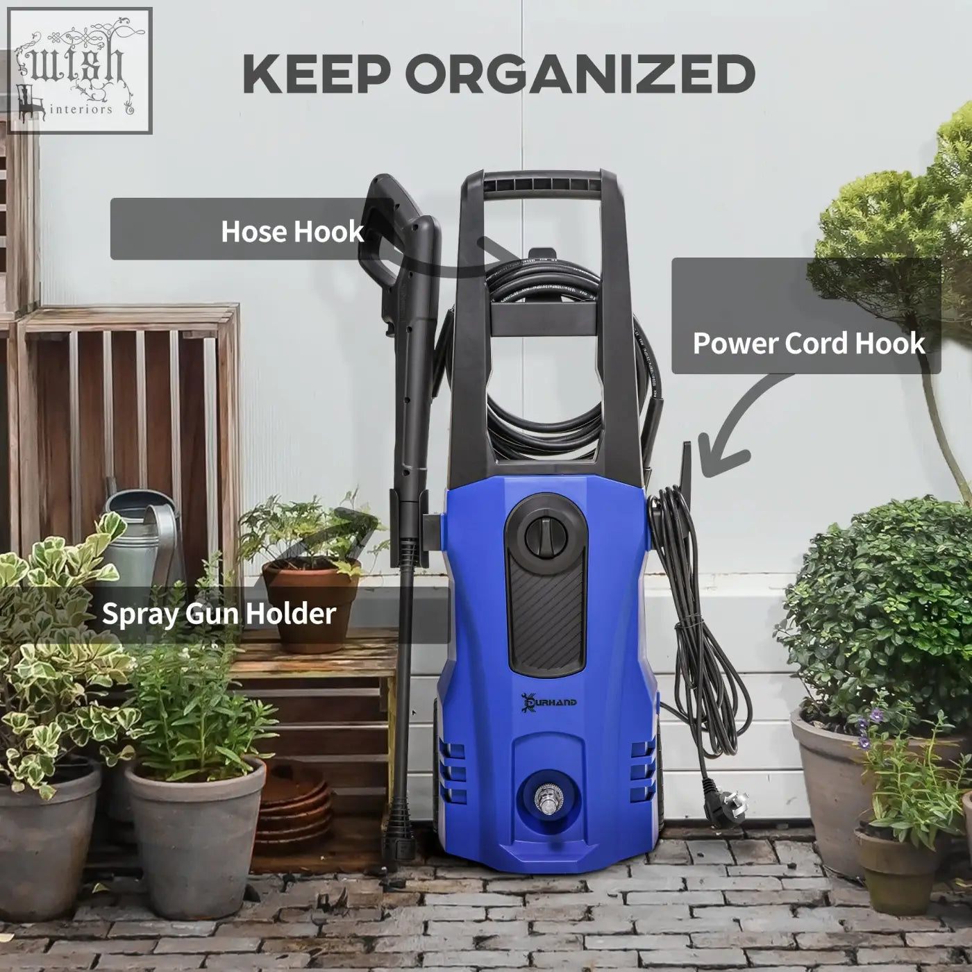 Blue and black durhand pressure washer with 150 bar pressure, coiled hose, spray gun holder, and power cord hook