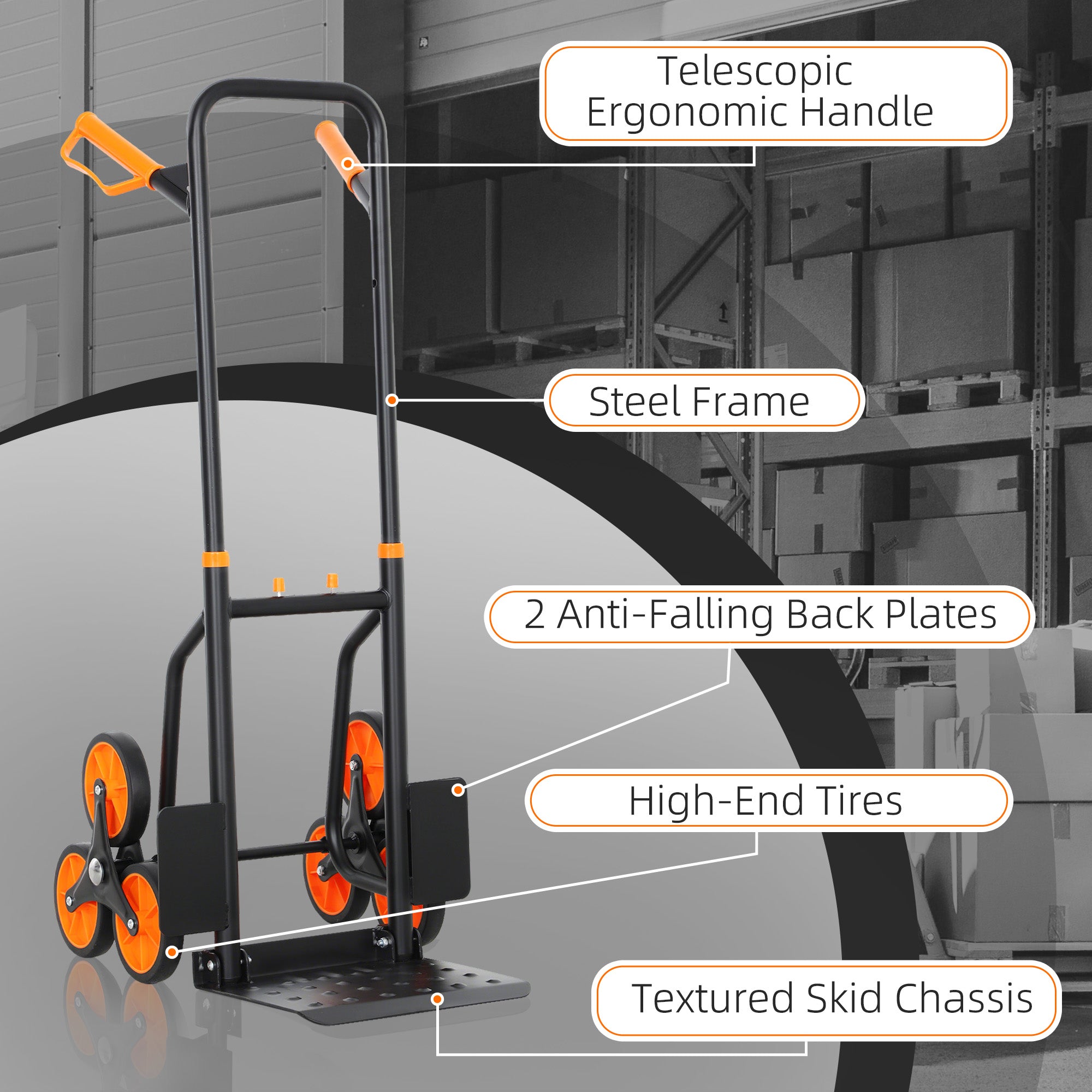 Black and orange durhand six-wheel folding sack barrow trolley with steel frame high-end tires and textured skid chassis for moving multiple boxes