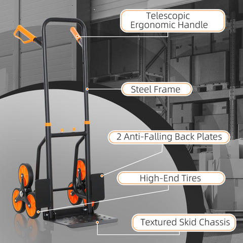 Black and orange durhand six-wheel folding sack barrow trolley with steel frame high-end tires and textured skid chassis for moving multiple boxes