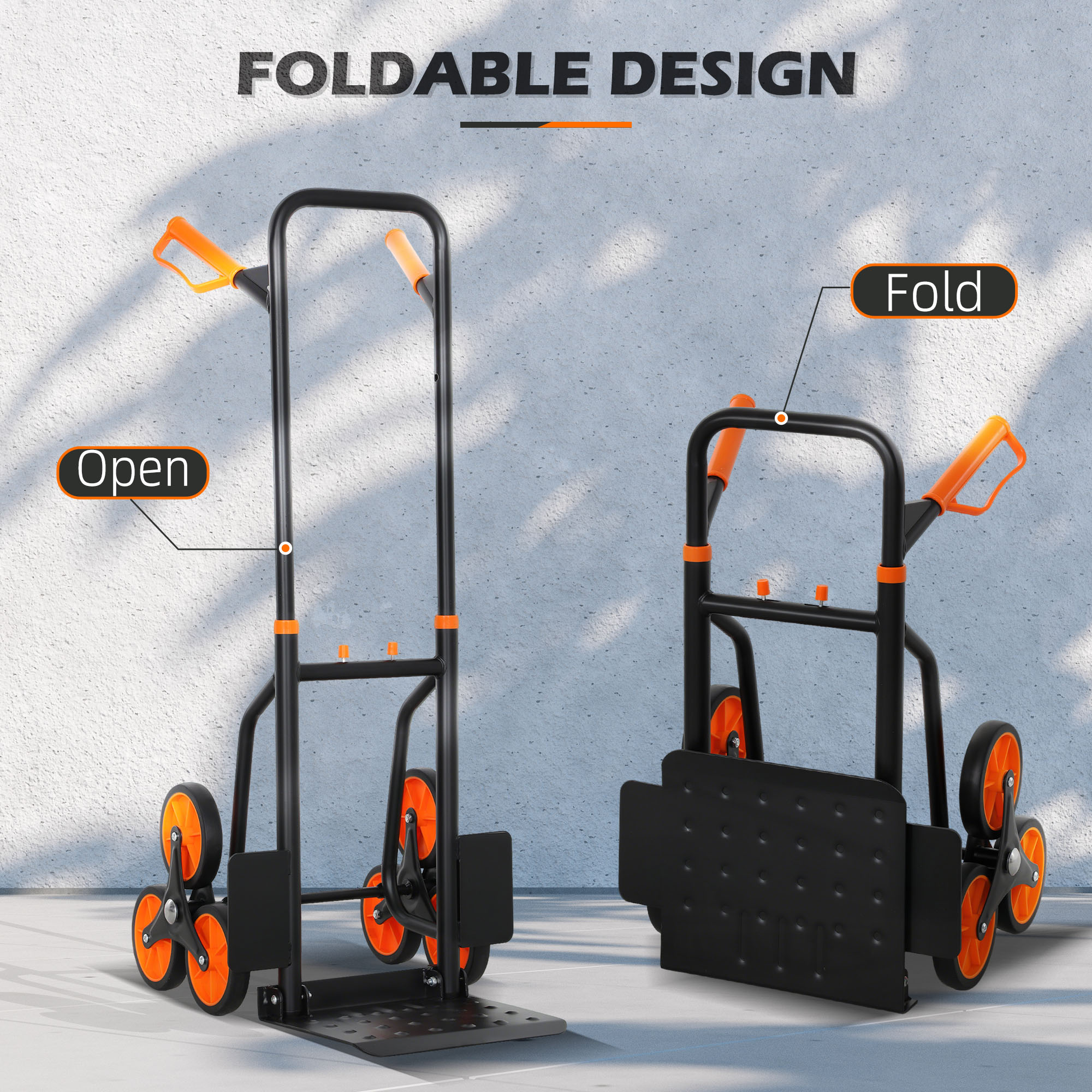 Durhand six-wheel folding sack barrow trolley in black and orange with sturdy metal frame and textured skid chassis for moving multiple boxes