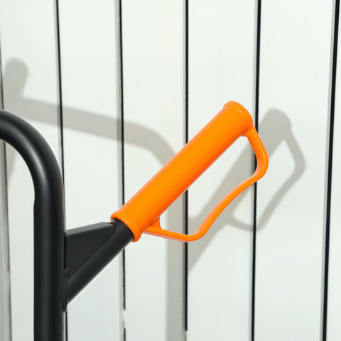 Bright orange plastic d-shaped handle attached to black metal frame of durhand sack barrow trolley with textured skid chassis