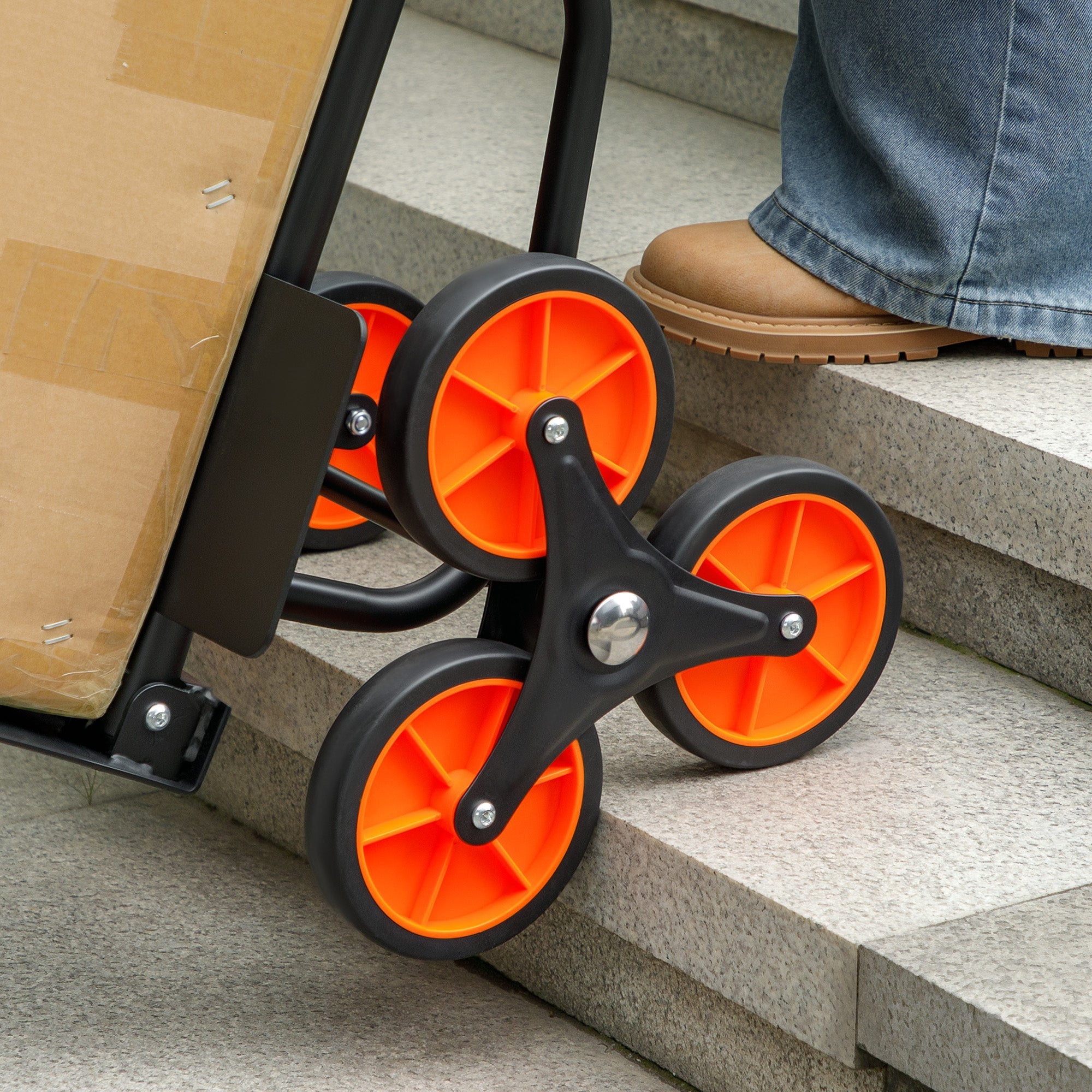 Black and orange durhand six-wheel folding sack barrow trolley with sturdy frame and bright wheels for moving multiple boxes