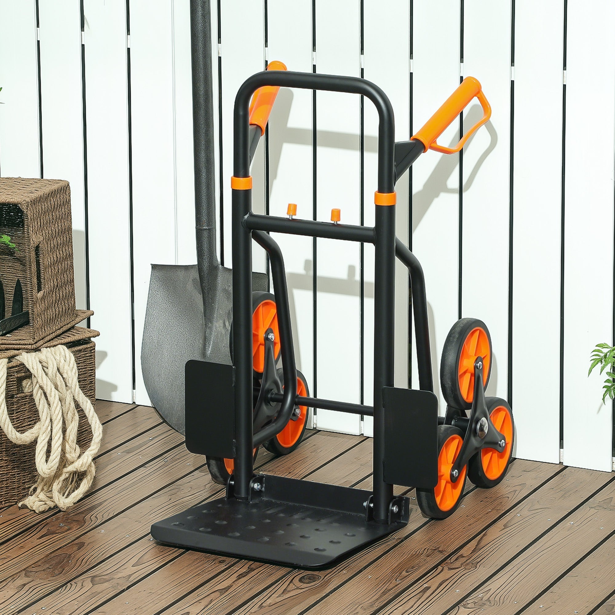 Black and orange DURHAND six-wheel folding sack barrow trolley with textured skid chassis for moving multiple boxes