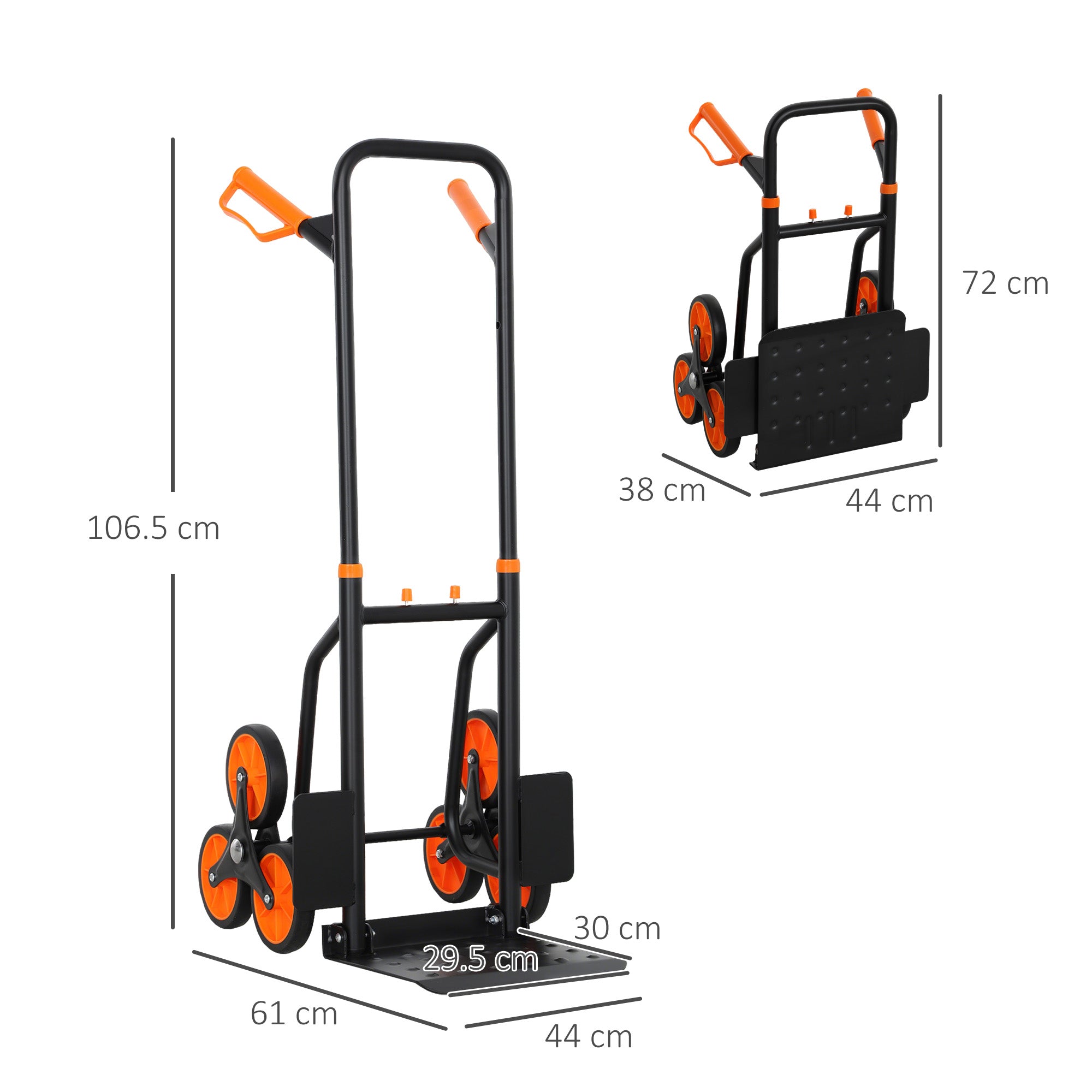 Black and orange durhand six-wheel folding sack barrow trolley with textured skid chassis for moving multiple boxes
