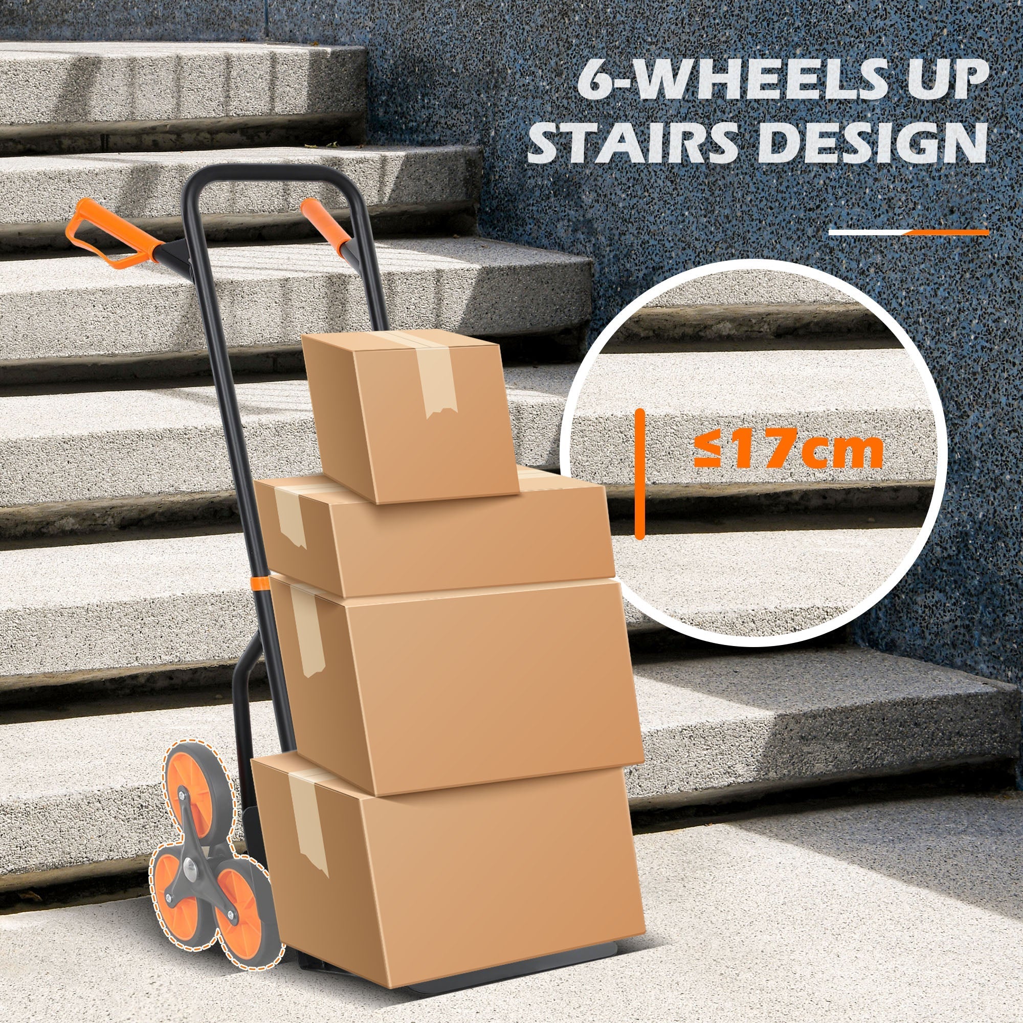 Durhand six-wheel folding sack barrow trolley in black and orange with textured skid chassis for moving multiple boxes up stairs