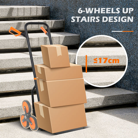 Durhand six-wheel folding sack barrow trolley in black and orange with textured skid chassis for moving multiple boxes up stairs
