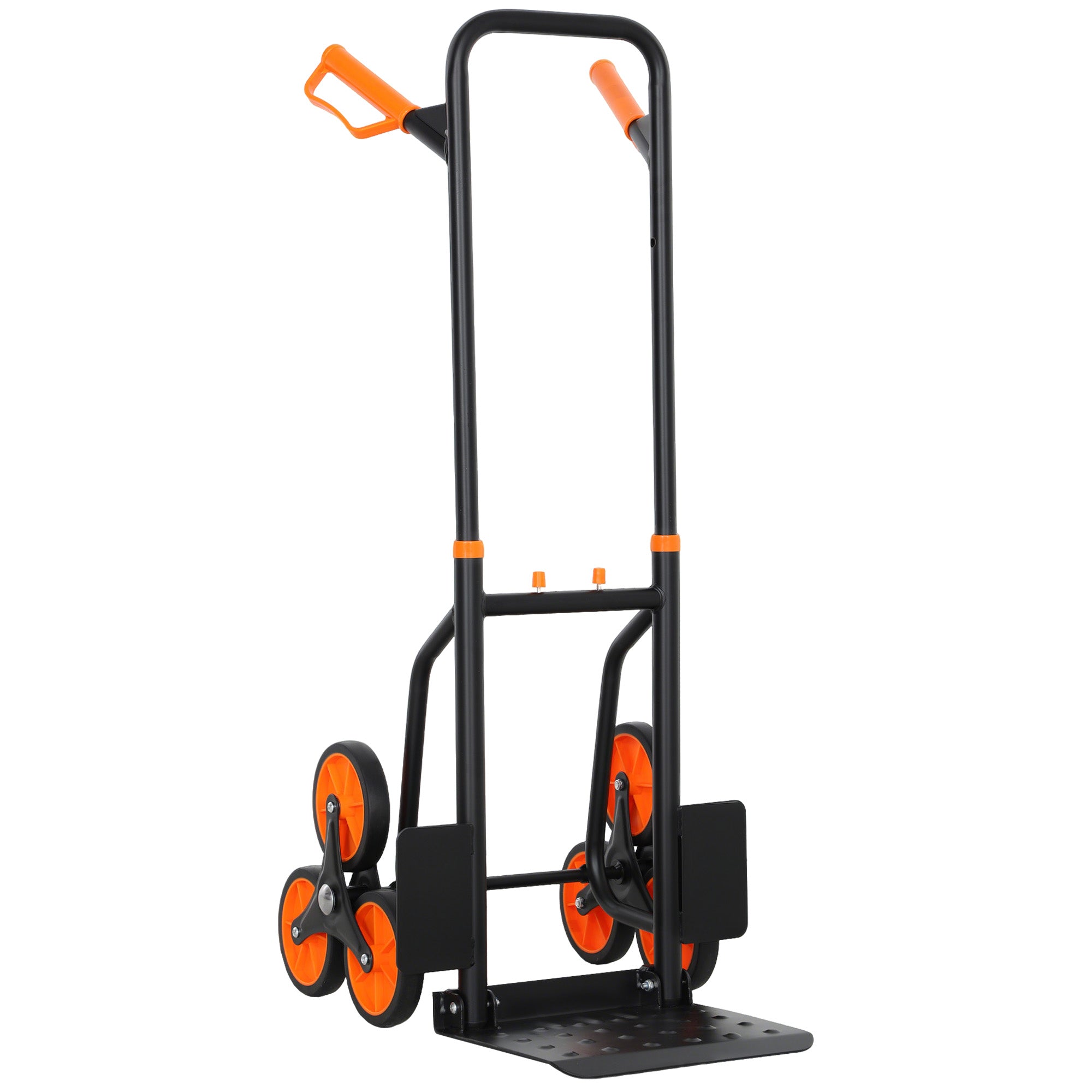 Durhand six-wheel folding sack barrow trolley in black and orange with three-wheel design for easy moving multiple boxes