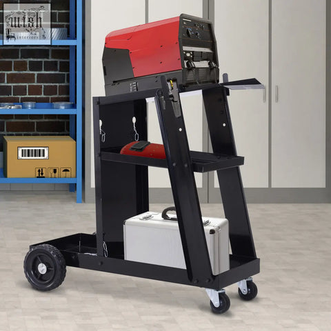 Black durhand welding cart with four wheels three shelves safety chain and red black welder on top for gas bottles