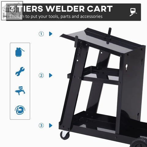 Black durhand welding cart with sturdy metal construction, three shelves, four wheels, and safety chain for gas bottles