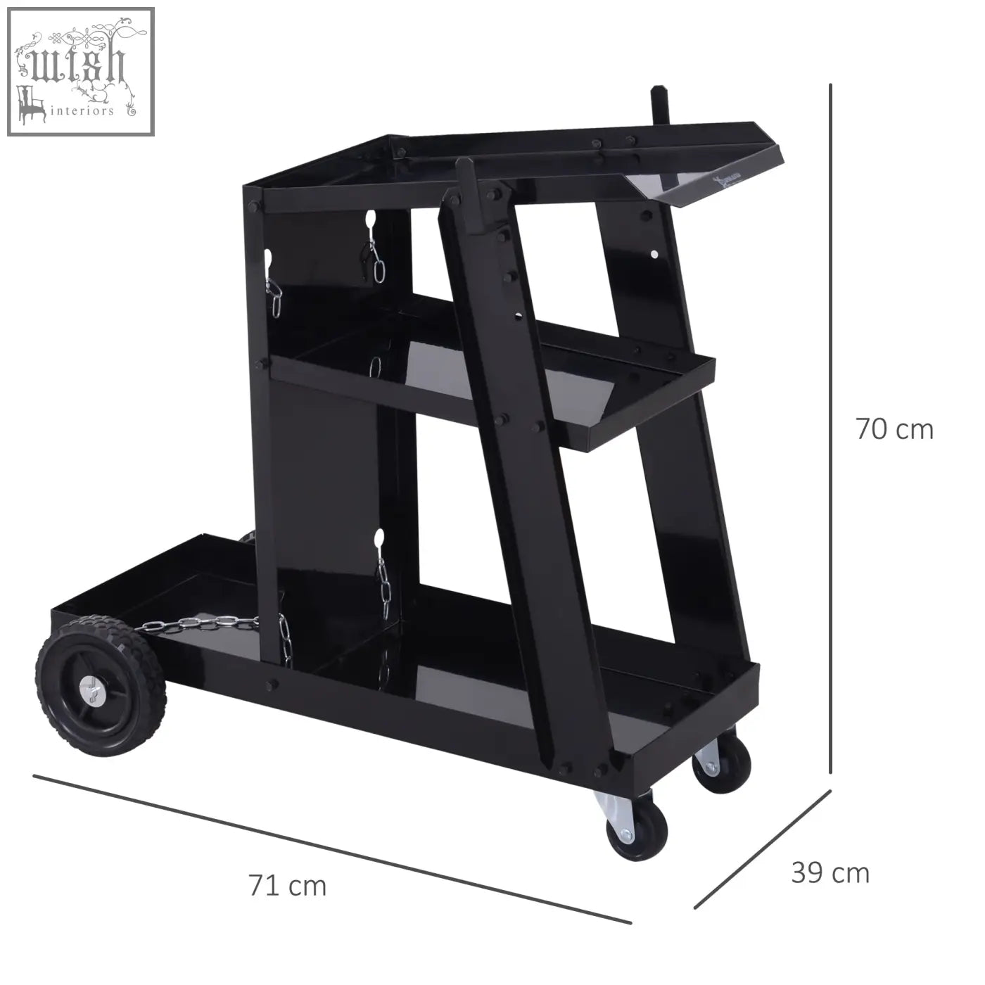 Black durhand welding cart with three shelves and four wheels metal trolley for gas bottles and garage use