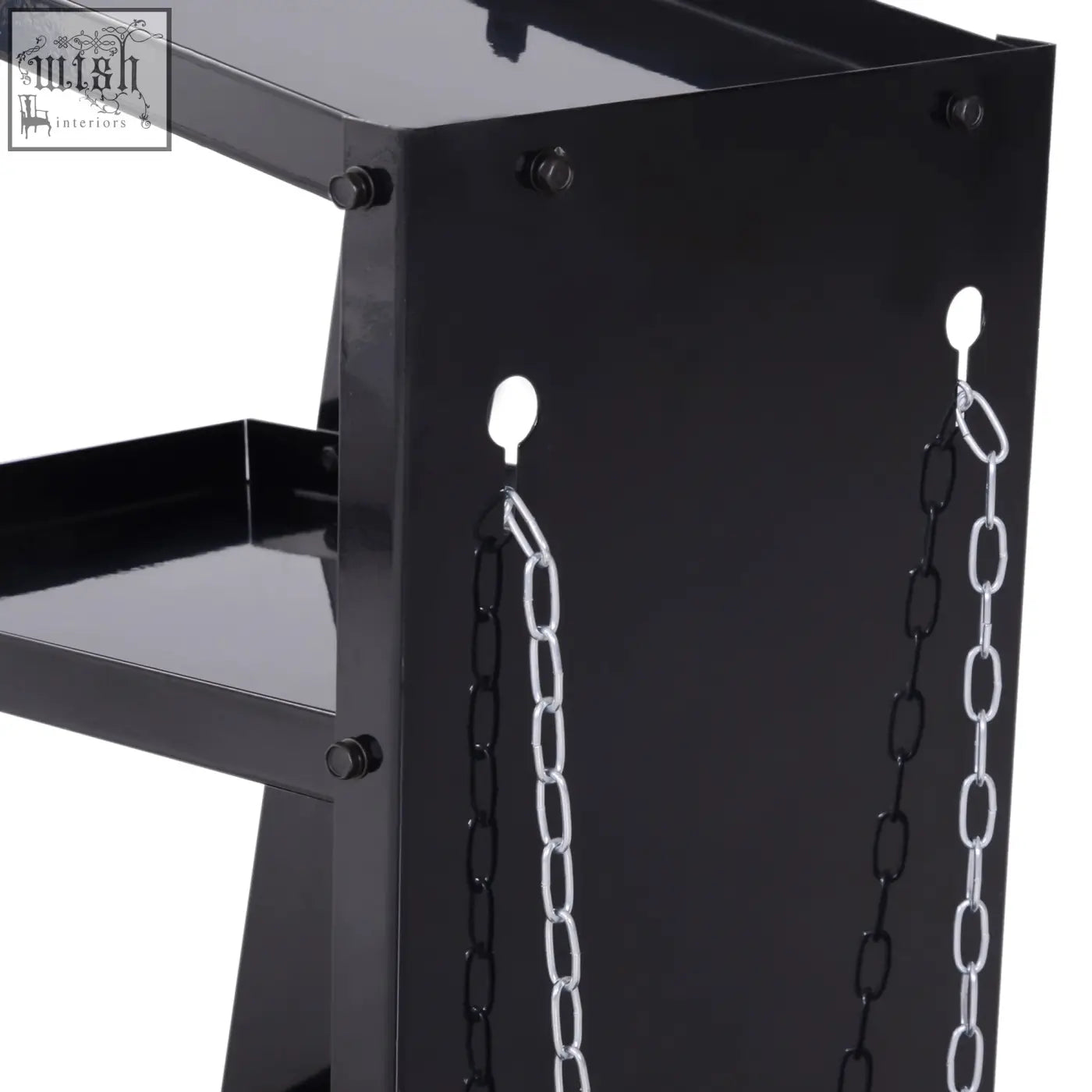 Black metal welding cart with four wheels and three shelves featuring black and silver hanging safety chains