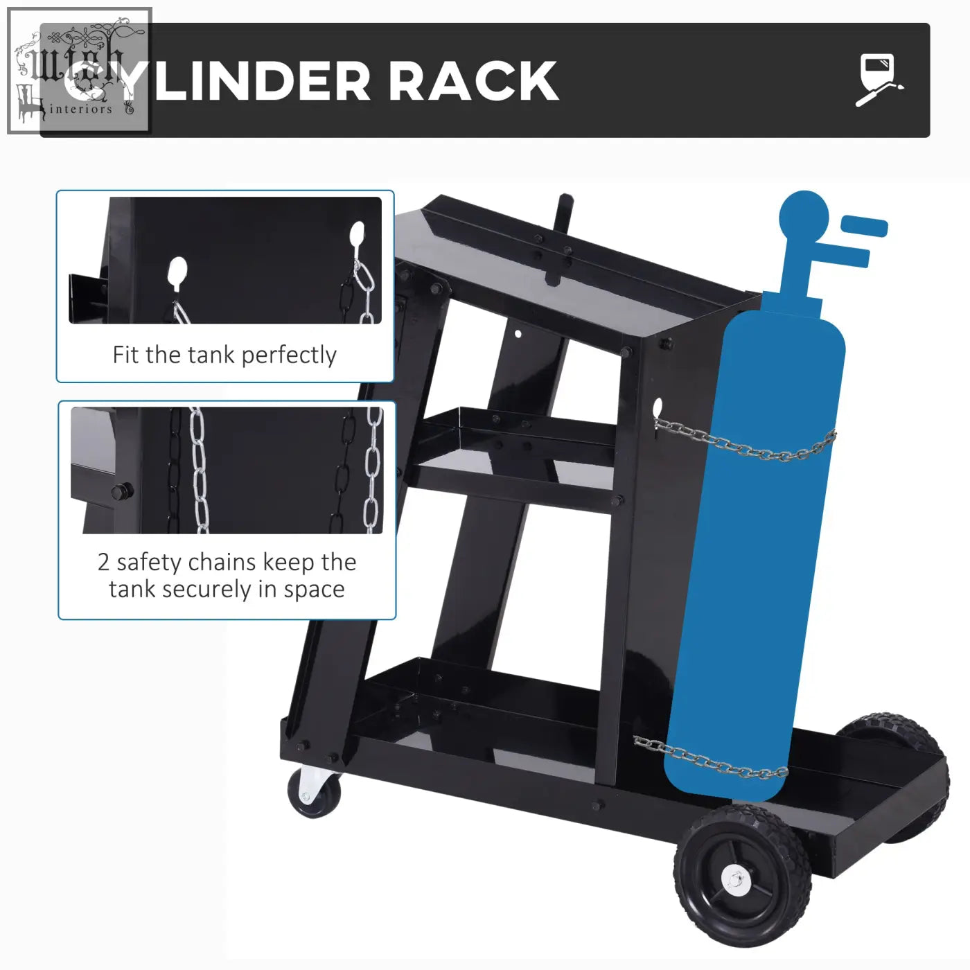 Black metal welding cart with four wheels and safety chains holding a blue gas tank and three shelves