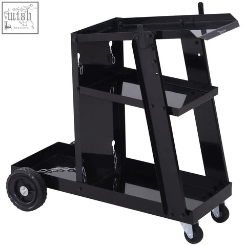 Black metal welding cart with three shelves four wheels casters and hooks for easy mobility and storage