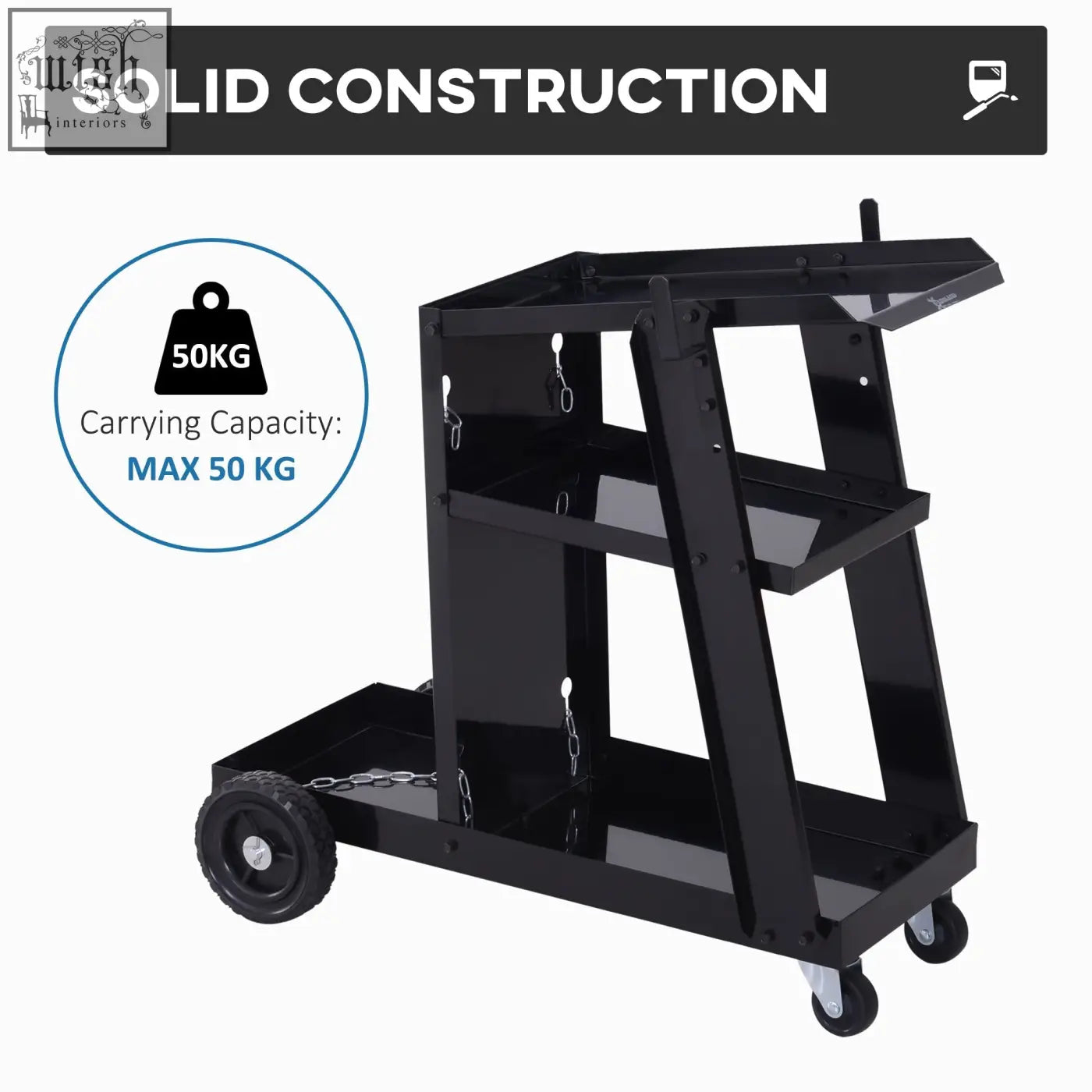 Black metal durhand welding cart with three shelves and four wheels including larger front wheel and safety chain