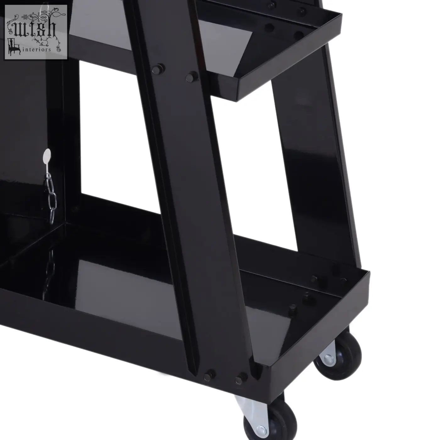 Black metal welding cart with four wheels, three shelves, glossy finish, and safety chain for gas bottles by durhand
