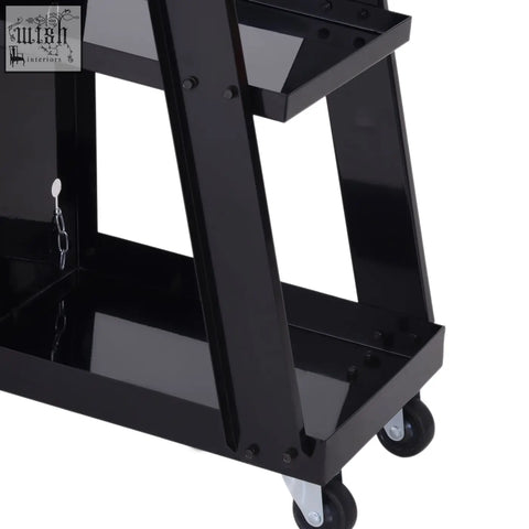 Black metal welding cart with four wheels, three shelves, glossy finish, and safety chain for gas bottles by durhand