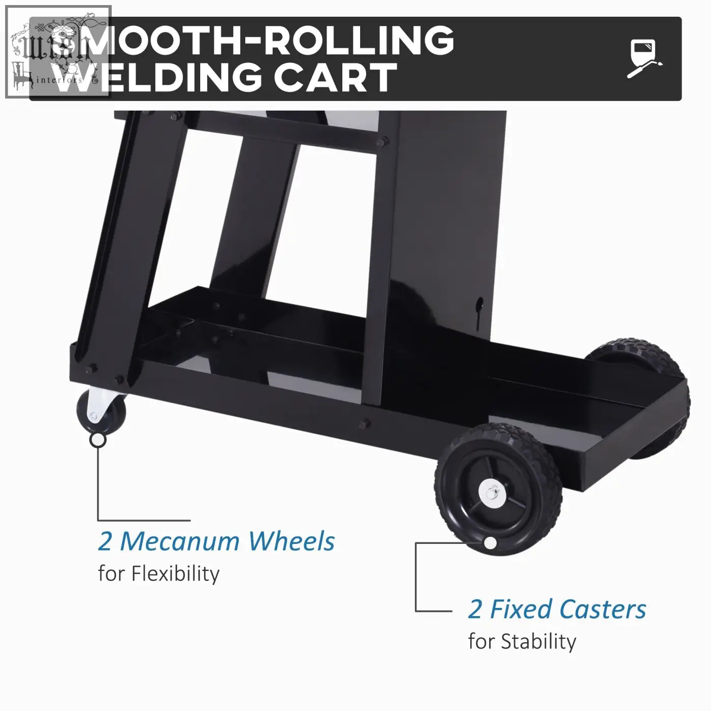 Black metal welding cart with four wheels and three shelves by DURHAND designed for gas bottles and easy mobility