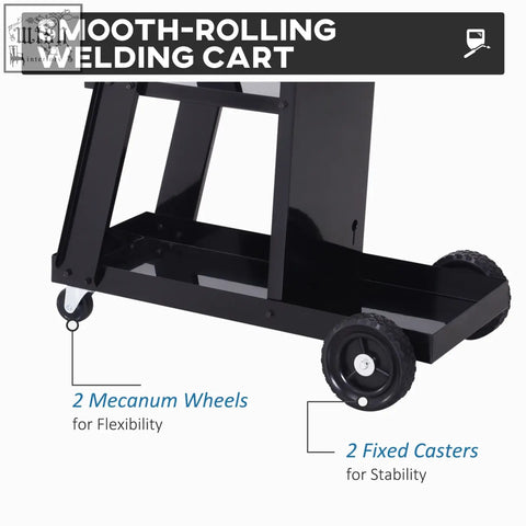 Black metal welding cart with four wheels and three shelves by DURHAND designed for gas bottles and easy mobility