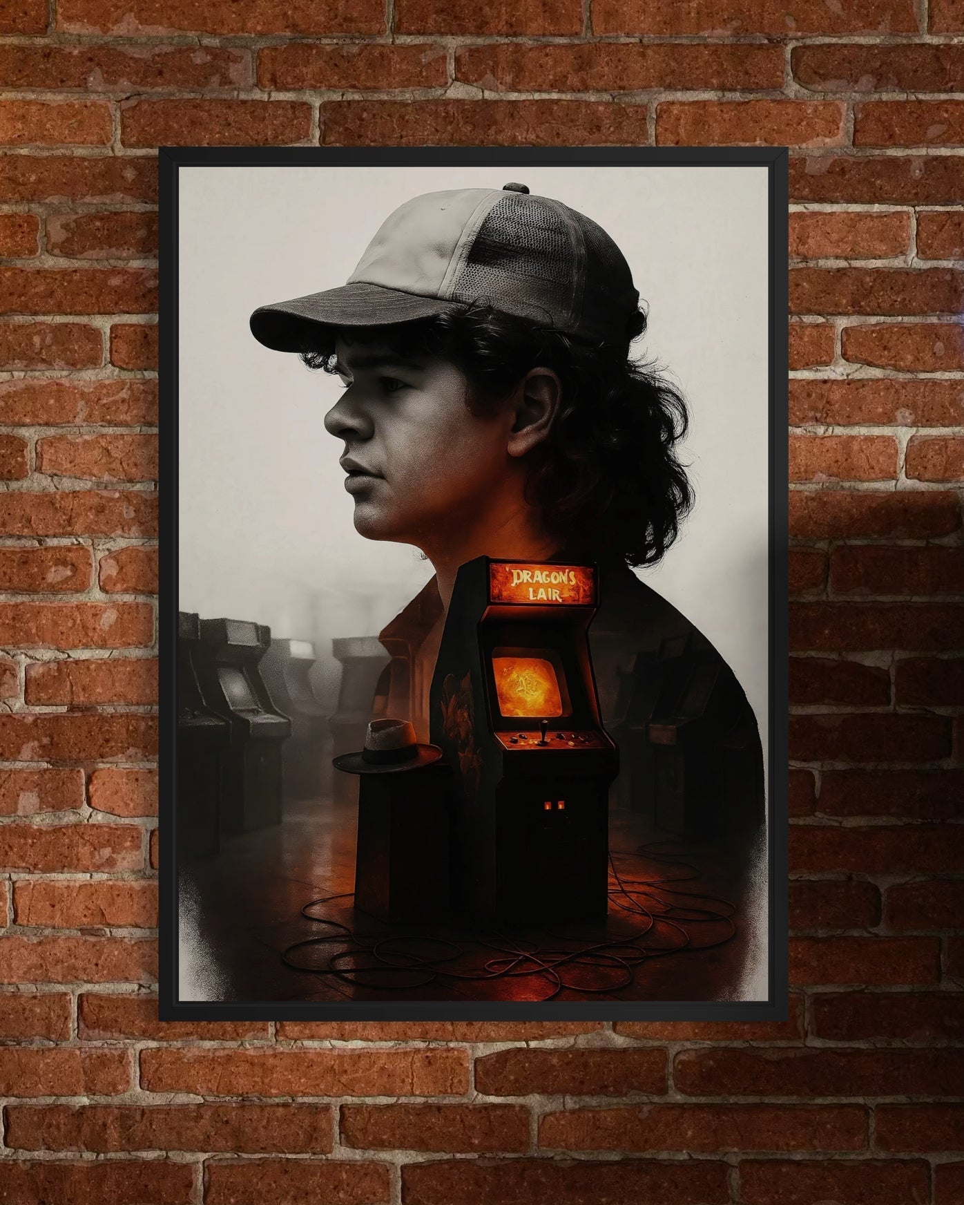 A stranger things poster featuring a framed portrait of dustin with a dragon’s lair arcade machine design