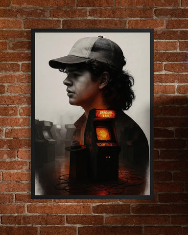 A stranger things poster featuring a framed portrait of dustin with a dragon’s lair arcade machine design