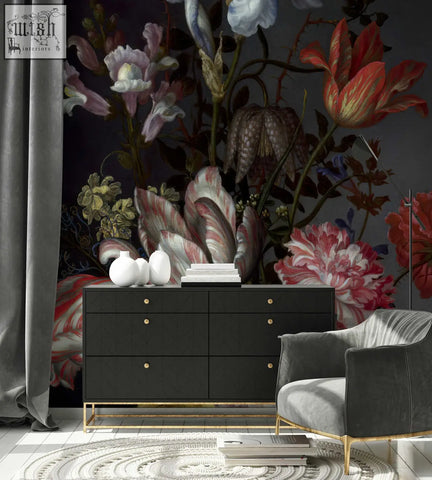 Black dresser with gold-tone hardware on vibrant floral peel and stick wallpaper from contact clickwalls for living space