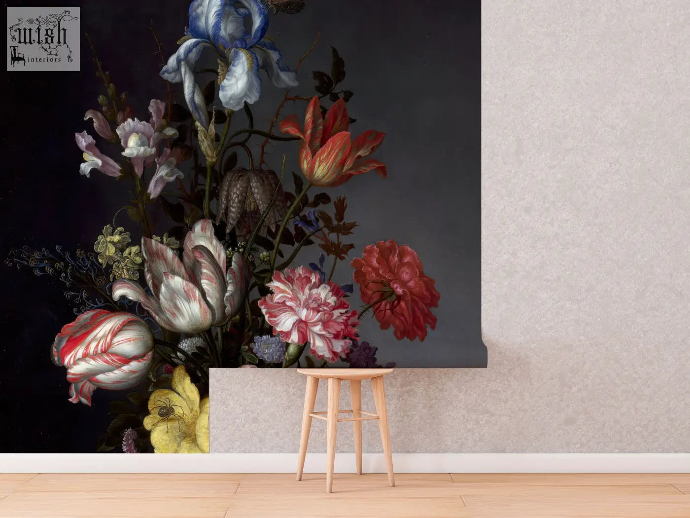 Vibrant dutch dark classic floral removable wallpaper with blue red pink and white blossoms for living space by contact clickwalls