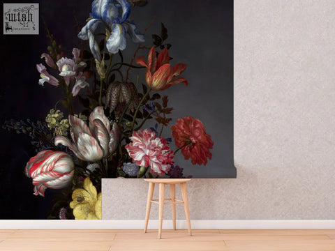 Vibrant dutch dark classic floral removable wallpaper with blue red pink and white blossoms for living space by contact clickwalls