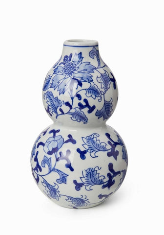Classic blue and white porcelain gourd-shaped vase with intricate floral patterns from dutch delft set of 2