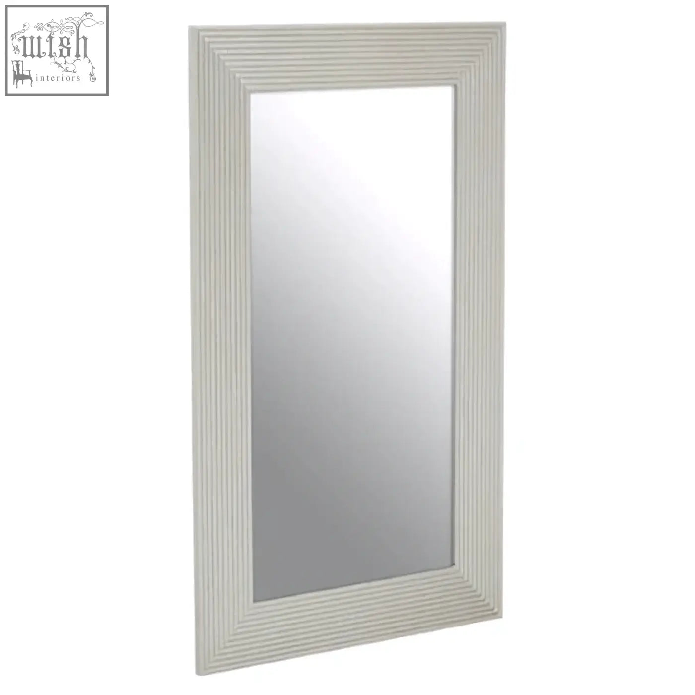 A rectangular bevelled edge silver wall mirror with a sleek ribbed champagne silver wall frame