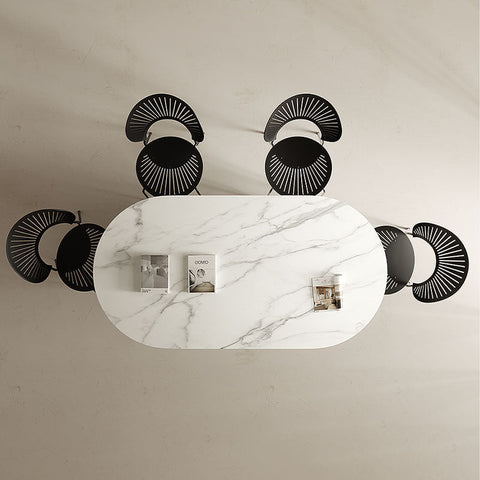 White marble oval dwight dining table with black fan-shaped chairs for stylish dining dwight dining table black white