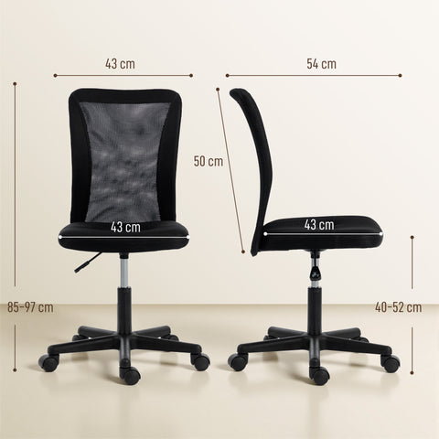 Vinsetto Computer Desk Chair, Armless Mesh Office Chair with Adjustable Height and Rolling Wheels, Black