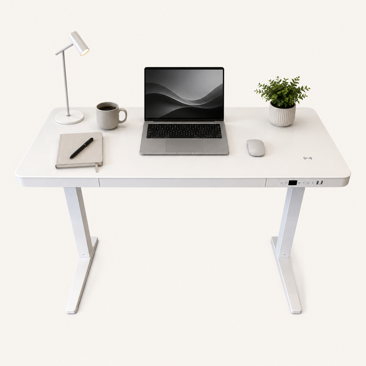 White e-max electric height adjustable desk with glass top minimalist legs and built-in charging port by purus life