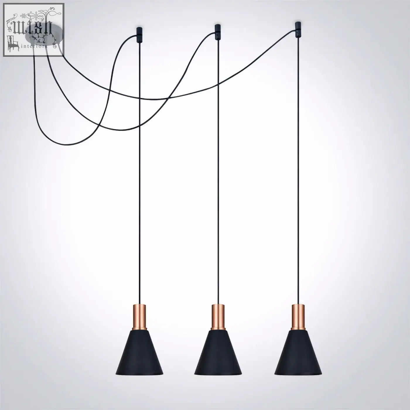 Black conical e27 round pendants with copper accents hanging from a sleek fixture 3x10w e27 round lights