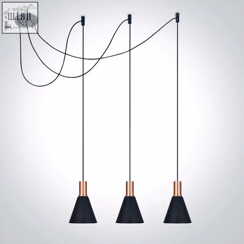 Black conical e27 round pendants with copper accents hanging from a sleek fixture 3x10w e27 round lights