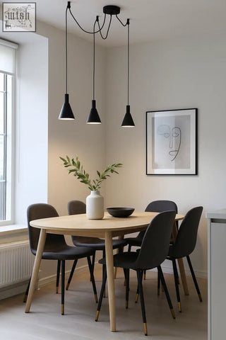 Minimalist black e27 round pendants with conical shades hang above a wooden dining table 3x10w e27 lighting