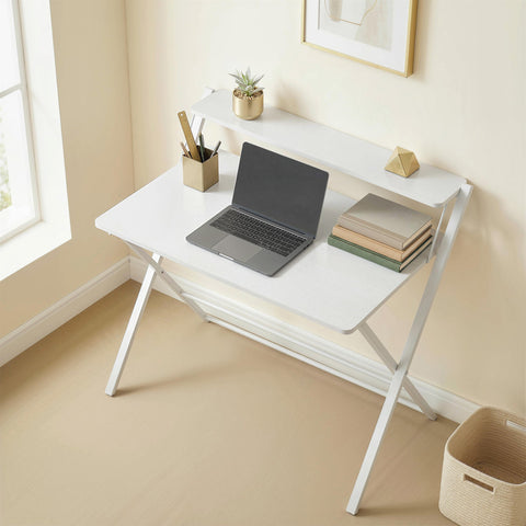 HOMCOM Compact Folding Desk for Small Spaces with Storage Shelf for Home Office, White