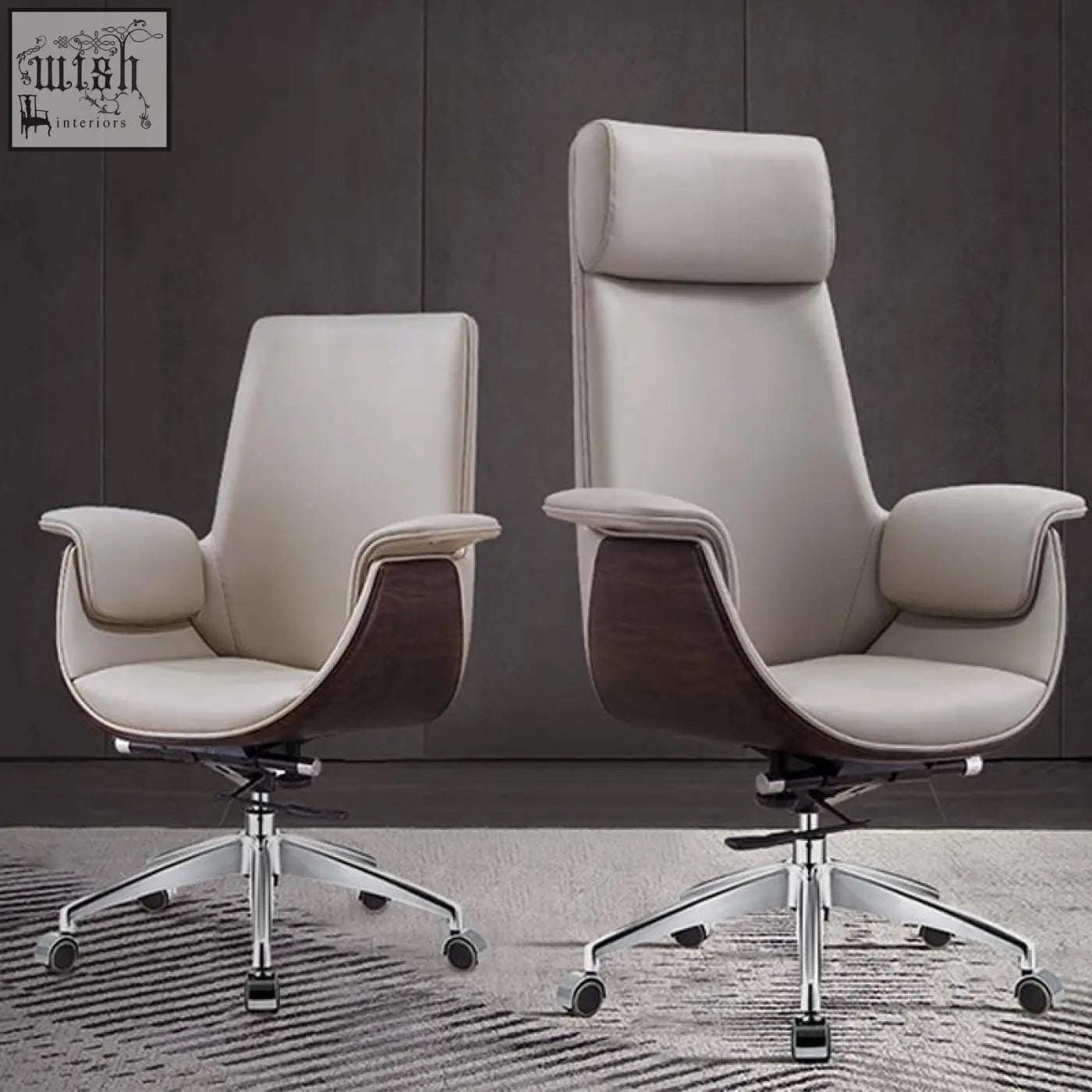 Cream-colored leather e43 office chair with dark wood accents and chrome base in grey black for office use