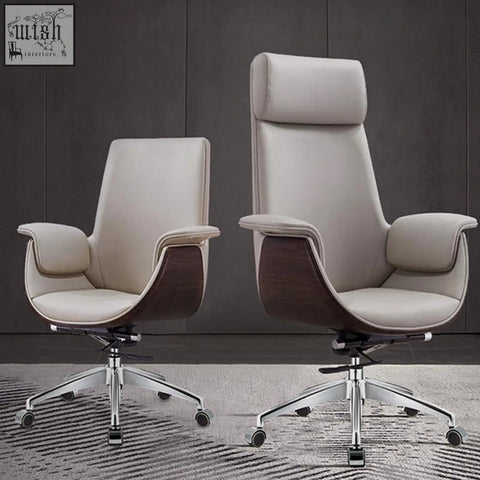Cream-colored leather e43 office chair with dark wood accents and chrome base in grey black for office use