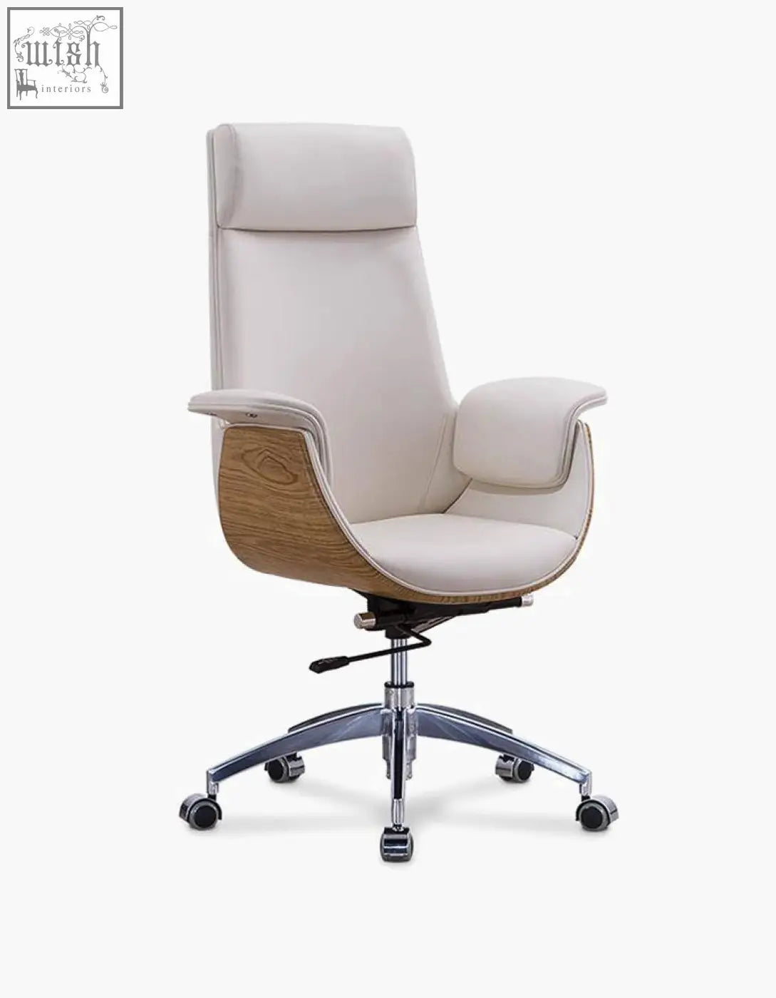 Cream-colored leather e43 office chair with wooden armrest accents and chrome base in grey black for office use